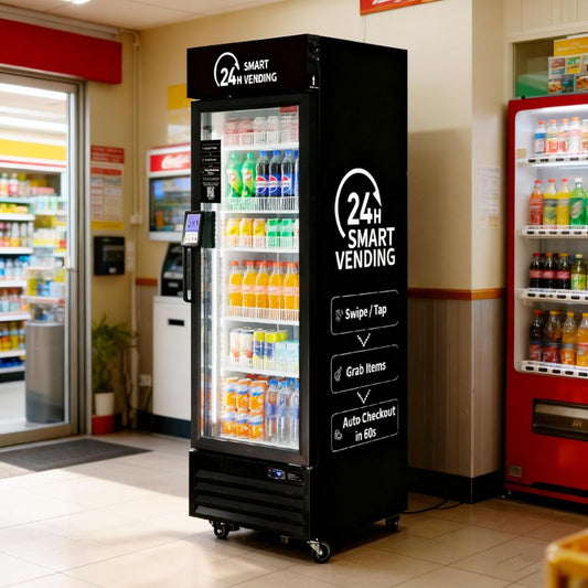 Black 24-hour AI smart vending machine in a store setting with various drinks on shelves.