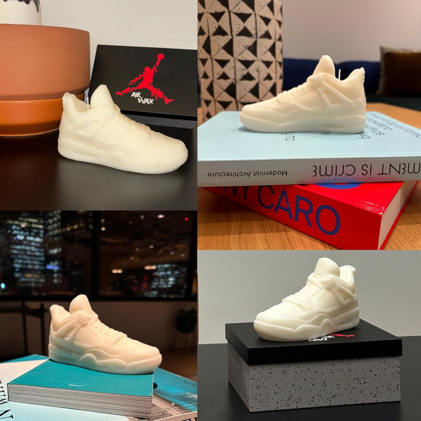 Collage of a white sneaker candle on various surfaces with a brand logo in the background.