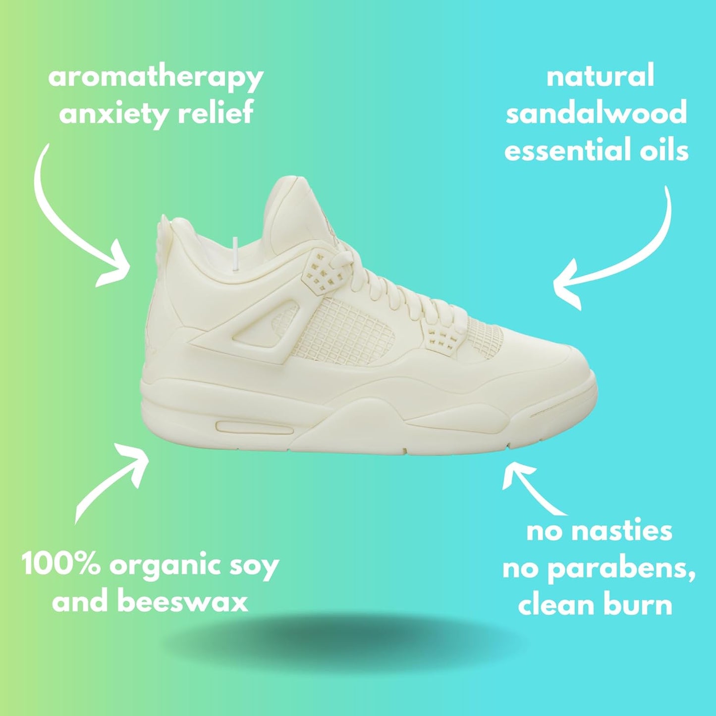 White candle shaped like a sneaker with text on a gradient background
