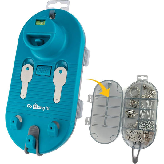 A teal plastic wall hanging hook set shown on a white background, with the main hook tool on the left and a smaller inset showing the included storage organizer and hardware on the right. The main product has a small level window near the top, two white hook inserts, and the brand name 'Go Tang It!' printed near the bottom.