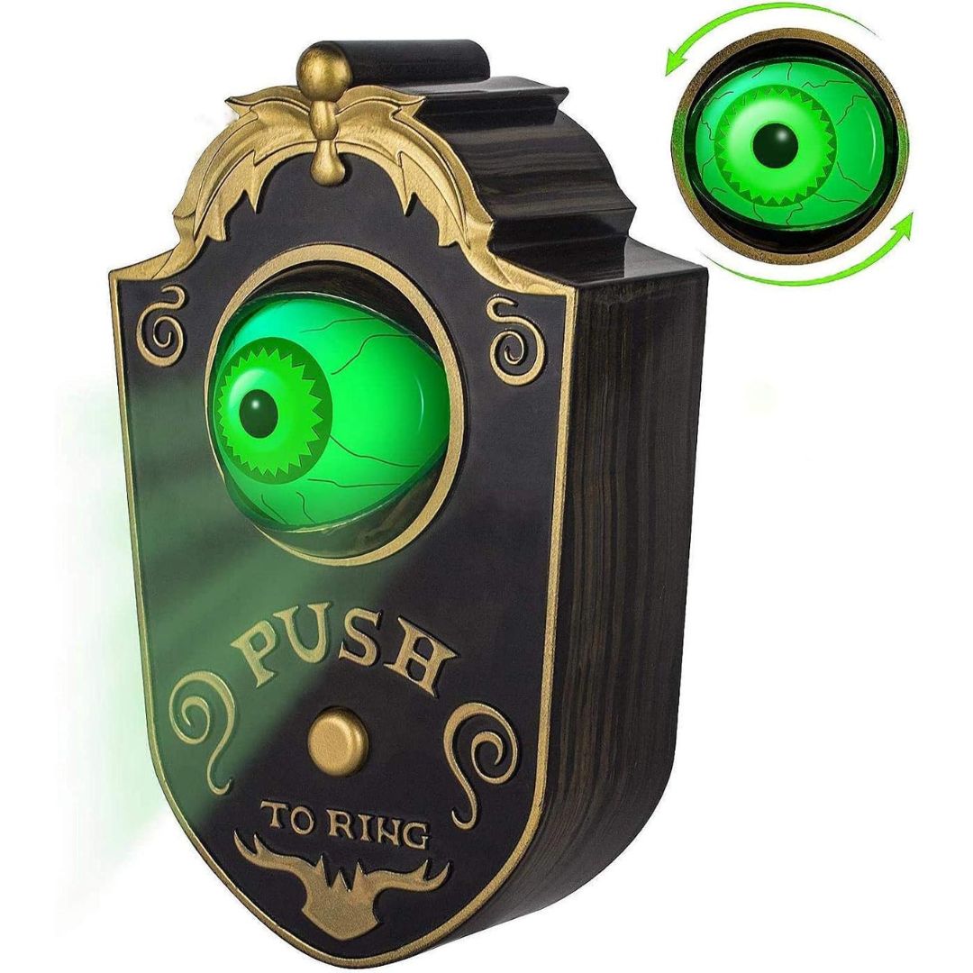 Animated Halloween doorbell with glowing green rotating eyeball and push-to-ring button