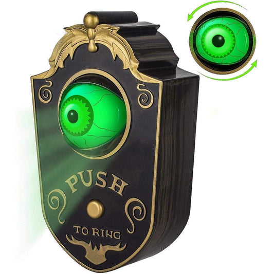 Animated Halloween doorbell with glowing green rotating eyeball and push-to-ring button