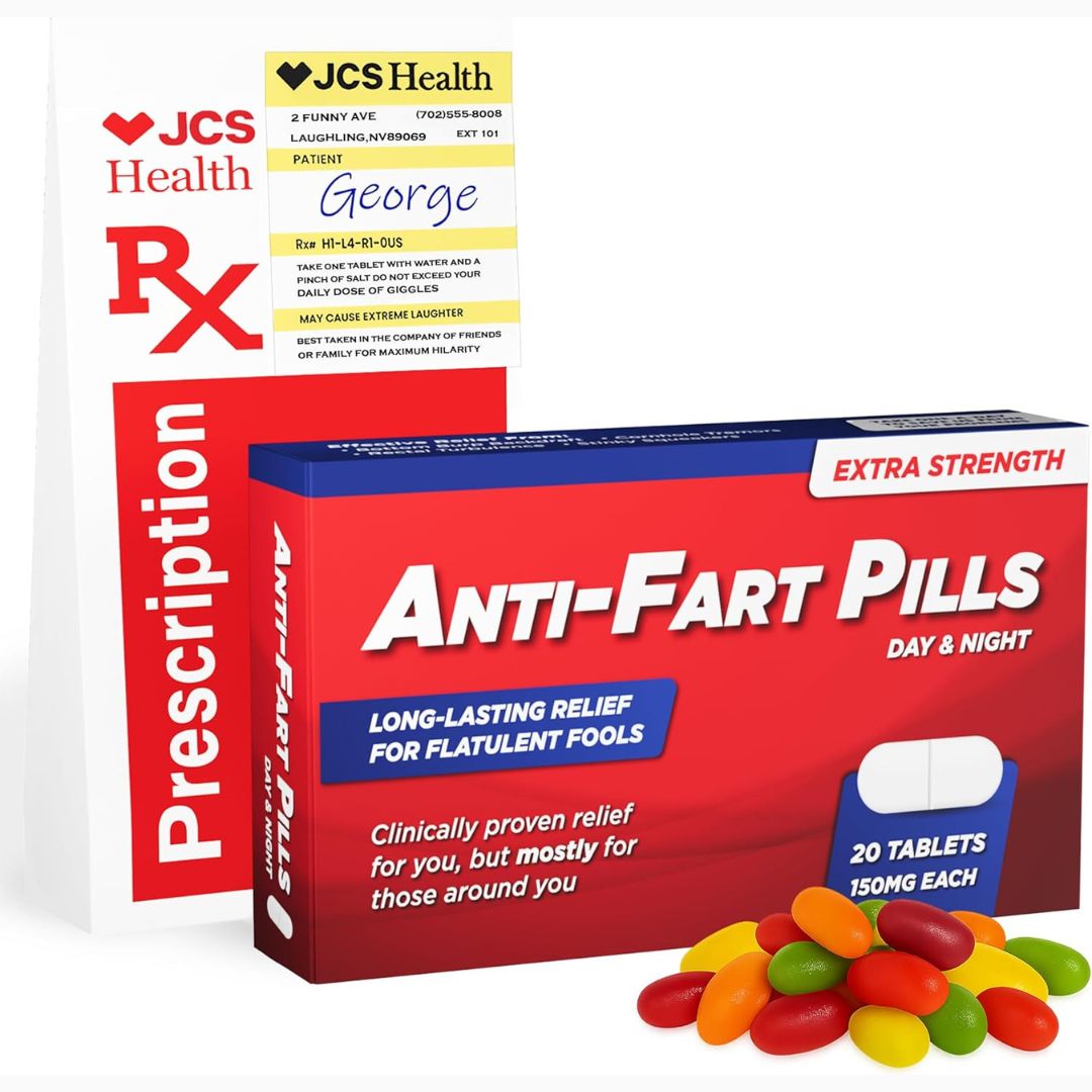 Box of 'Anti-Fart Pills' with colorful jelly beans and JCS Health branding.