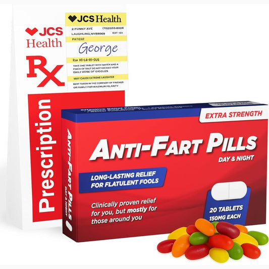 Box of 'Anti-Fart Pills' with colorful jelly beans and JCS Health branding.