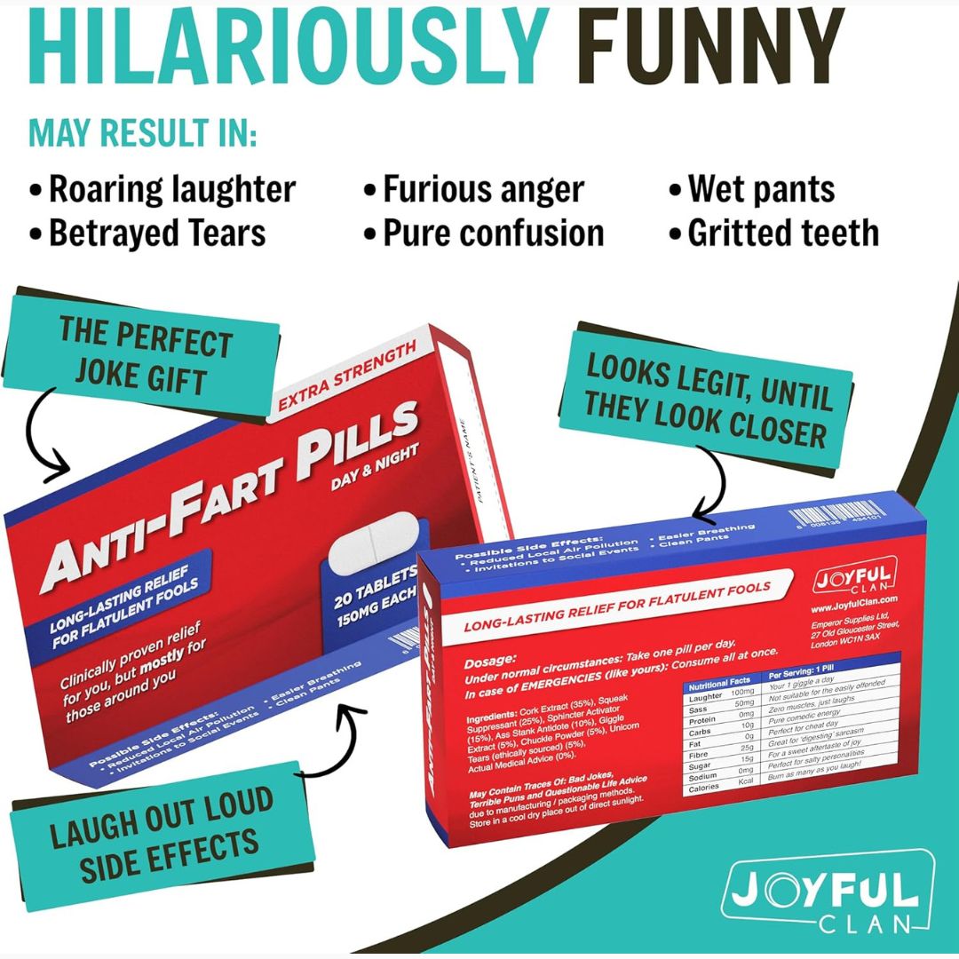 Anti-fart pills packaging with humorous side effects text and Joyful Clan branding.