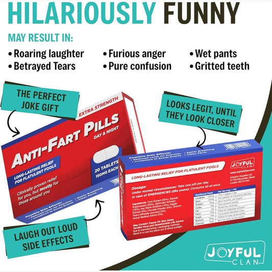 Anti-fart pills packaging with humorous side effects text and Joyful Clan branding.