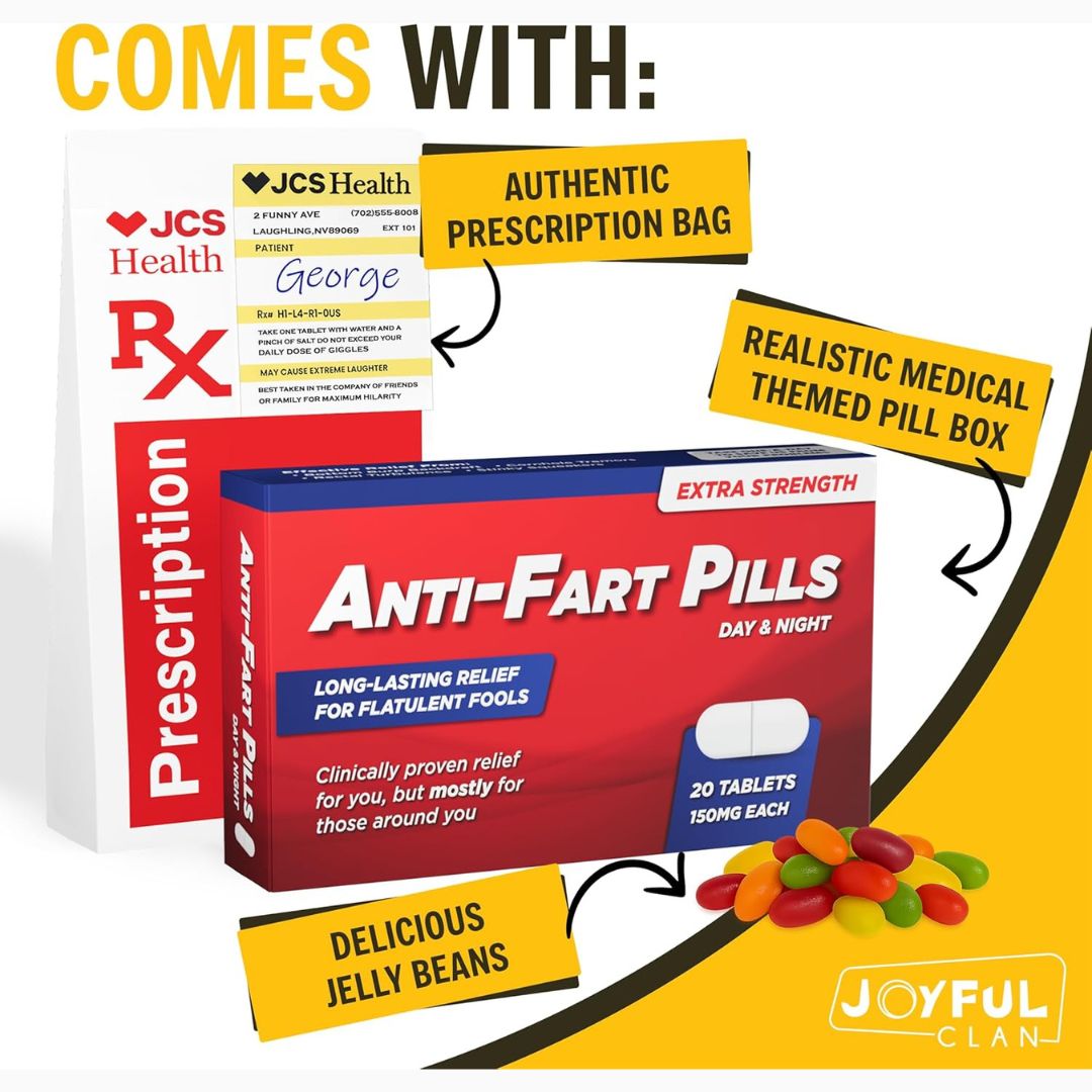 Promotional image of 'Anti-Fart Pills' packaging with related items and branding.