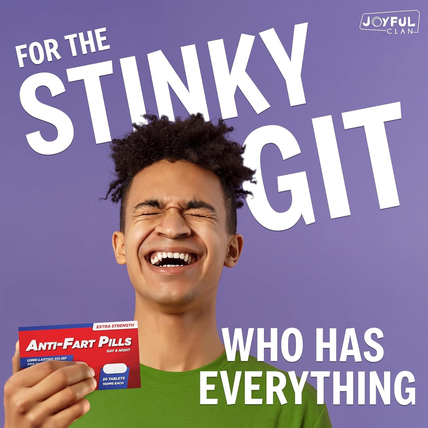 Person holding an anti-fart pill box with humorous text on a purple background