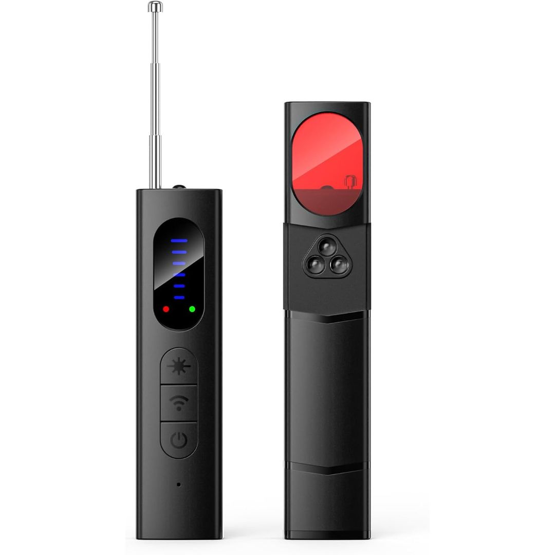 Black 10-in-1 anti-spy detector pen with telescopic antenna, signal indicator lights and hidden camera detection lens
