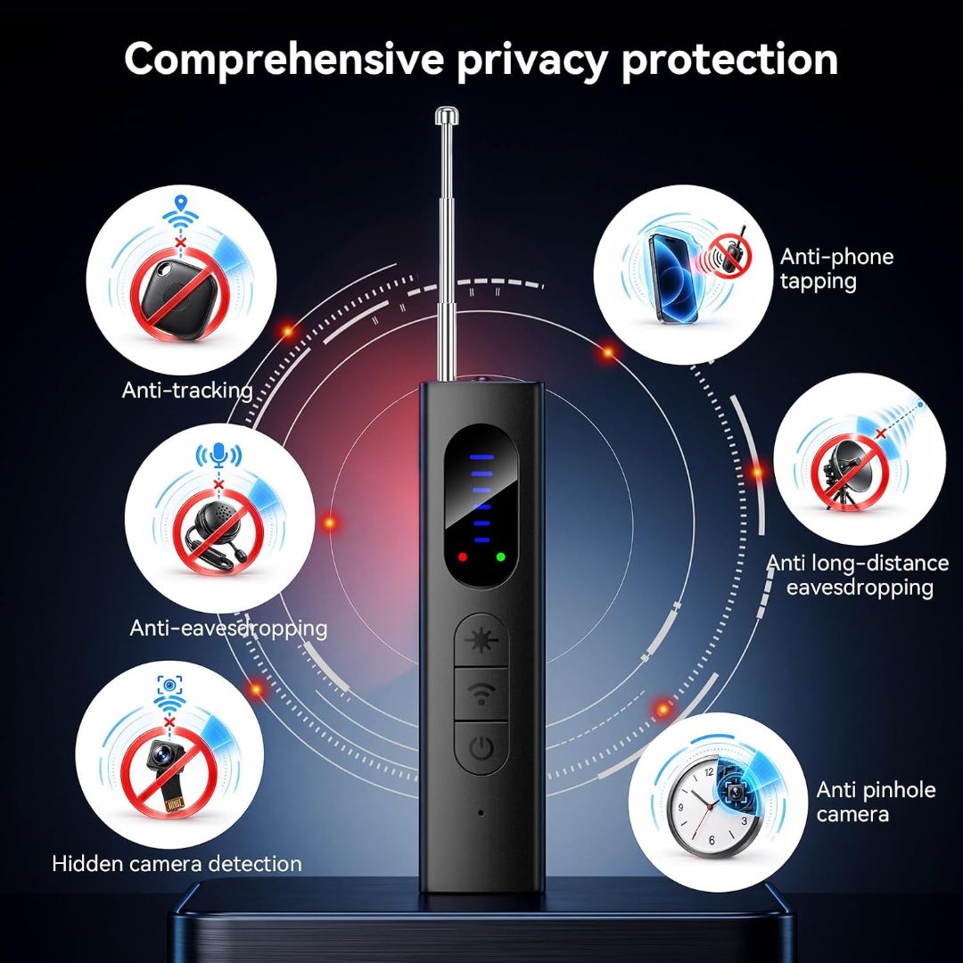 10-in-1 anti-spy detector with antenna for detecting hidden cameras, RF bugs, GPS trackers and listening devices