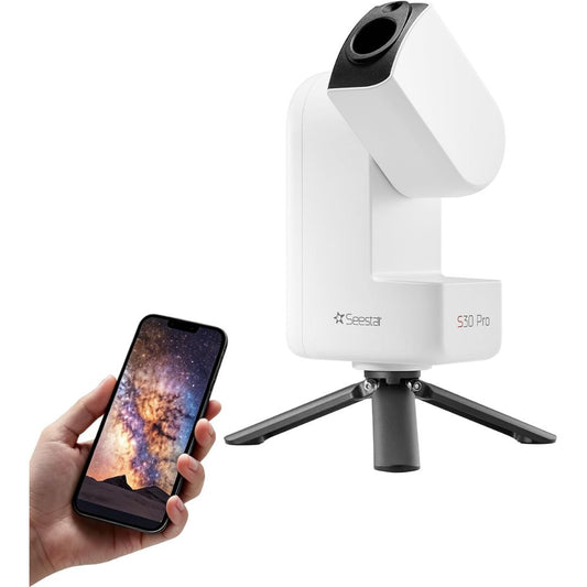App-controlled smart telescope on tripod with smartphone displaying a detailed Milky Way image
