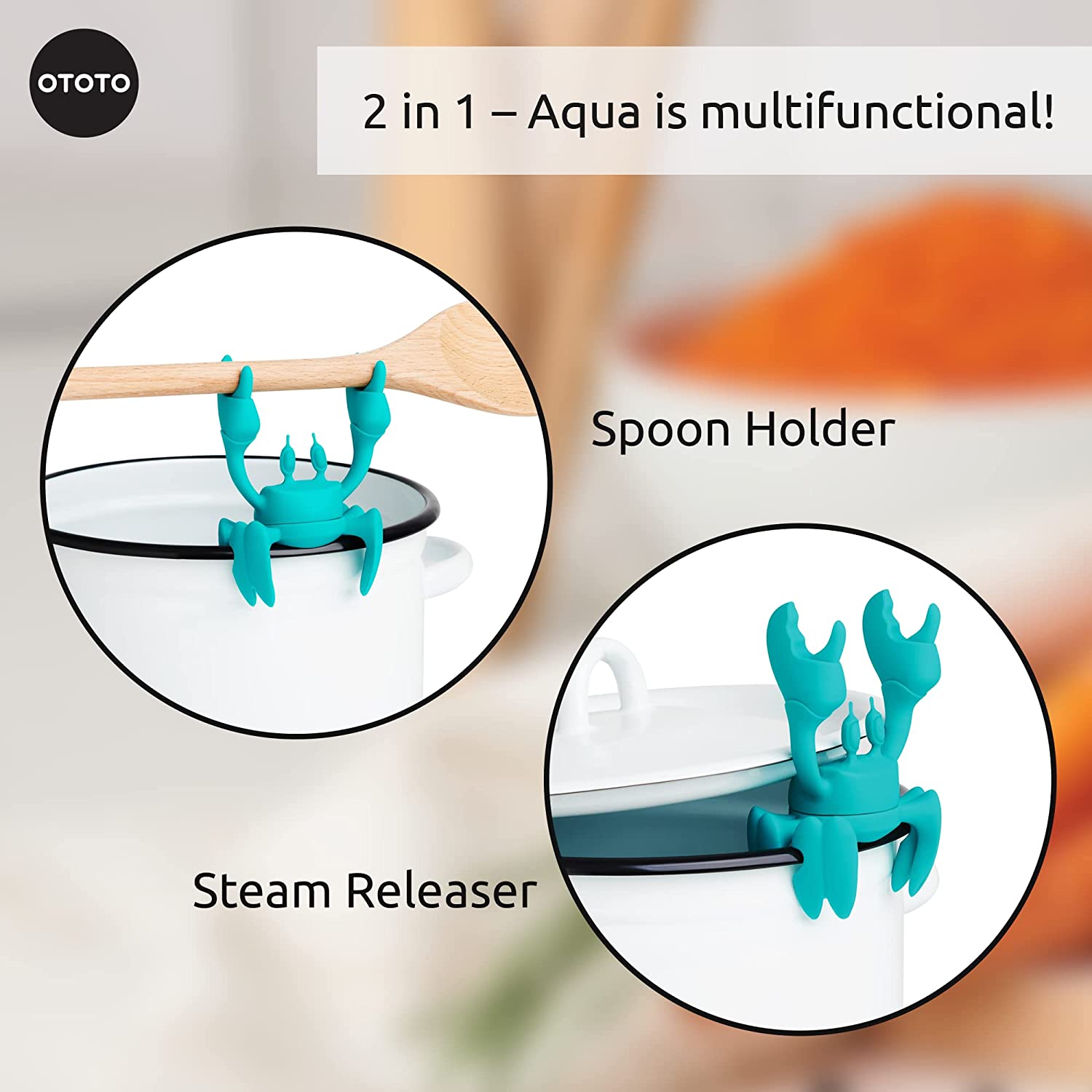 Two images showing Aqua the crab silicone utensil holder being used as a spoon holder and a steam releaser.