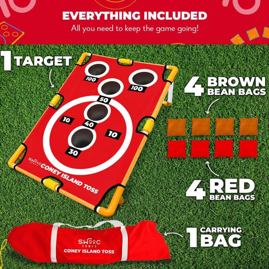 Coney Island Toss game set on a grass background with included items labeled: 1 target, 4 brown bean bags, 4 red bean bags, and 1 carrying bag. The main toss board is red with yellow corners, black bean holes, and white target markings.