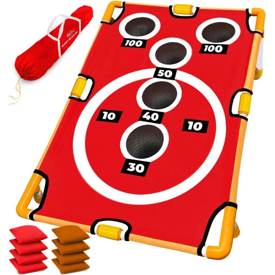 Red cornhole board with yellow corner supports, black circular scoring holes labeled 100, 50, 30, and 10, shown with red and brown bean bags and a red rolled carrying case on a white background.