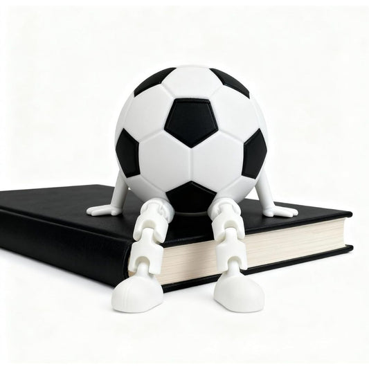 A black and white 3D printed soccer ball figurine with articulated white legs sits on top of a black hardcover book against a clean white background.