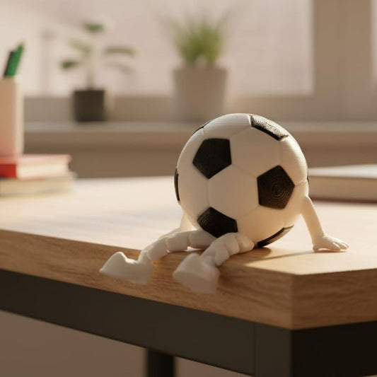 A small white and black 3D printed soccer ball figurine with legs and hands sits on the edge of a wooden desk in a softly lit indoor setting.