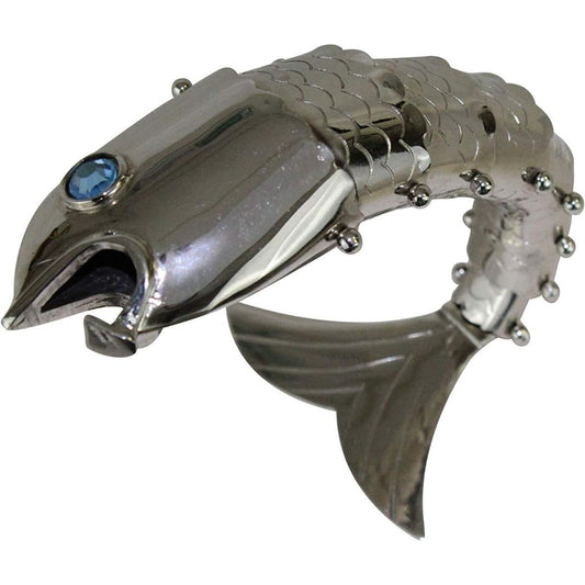 Handcrafted silver fish-shaped beer bottle opener with articulated body, blue gem eye, and curved tail handle