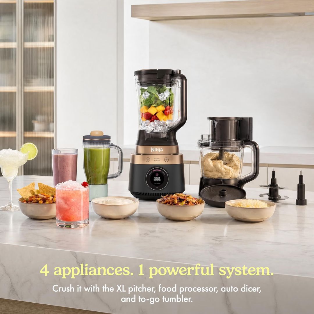 Ninja auto dicing blender with attachments on a kitchen bench with text reading 4 appliances 1 powerful system