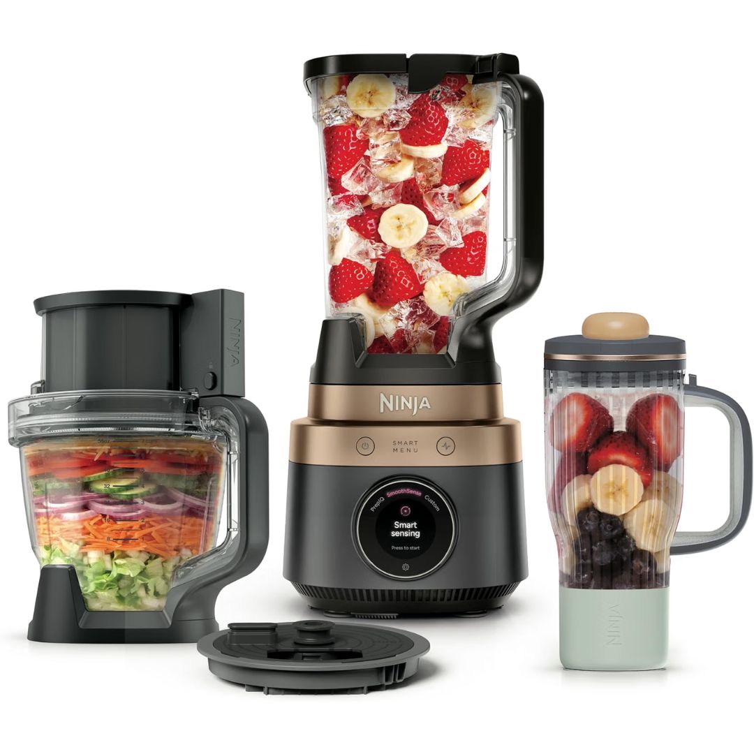 Ninja auto dicing blender with attachments on a white background
