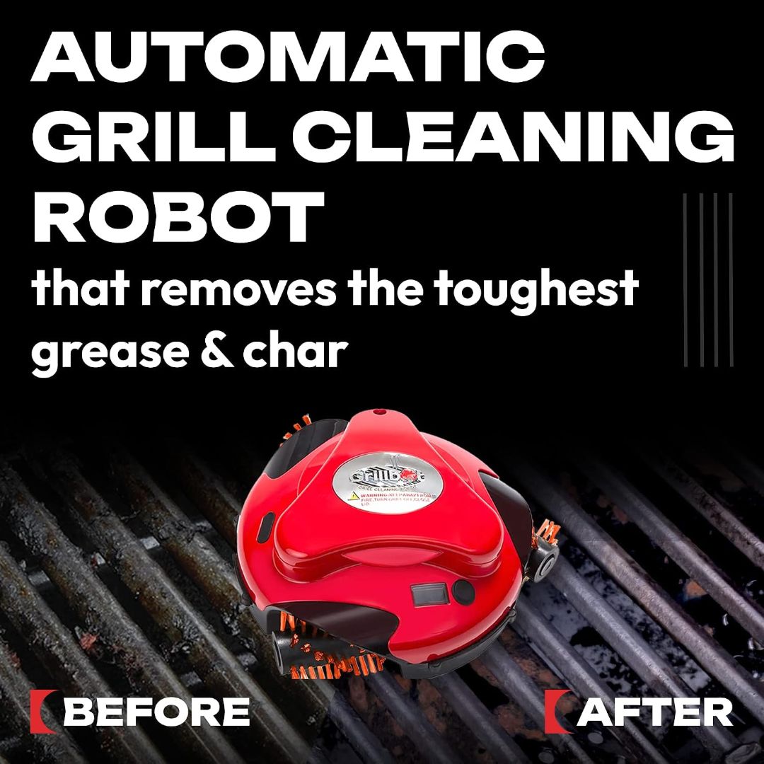 Grillbot automatic grill cleaning robot scrubbing a barbecue grate, showing before-and-after grease and char removal