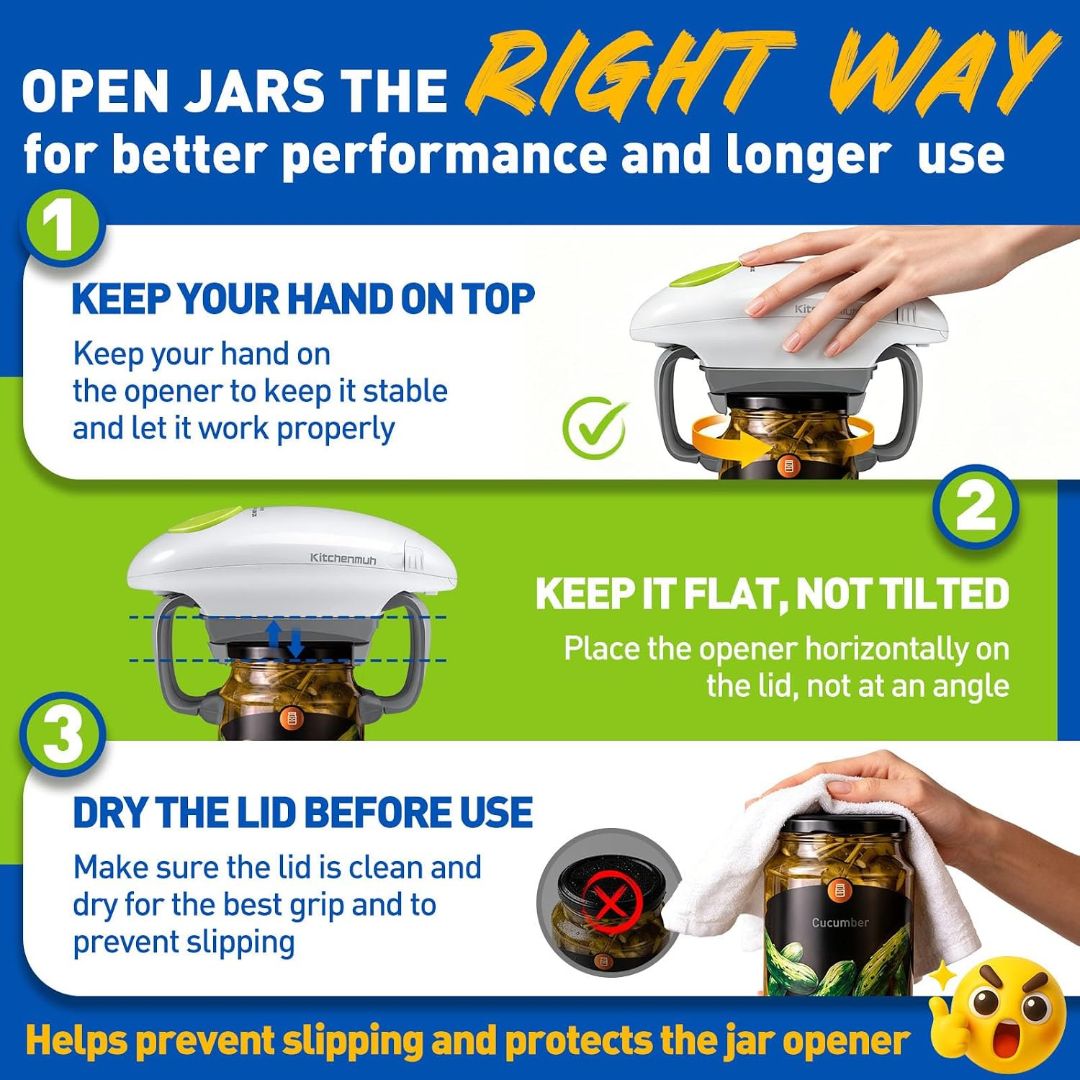 KITCHENMUH electric jar opener shown correctly positioned on jar lids with instructions for stable, slip-free use
