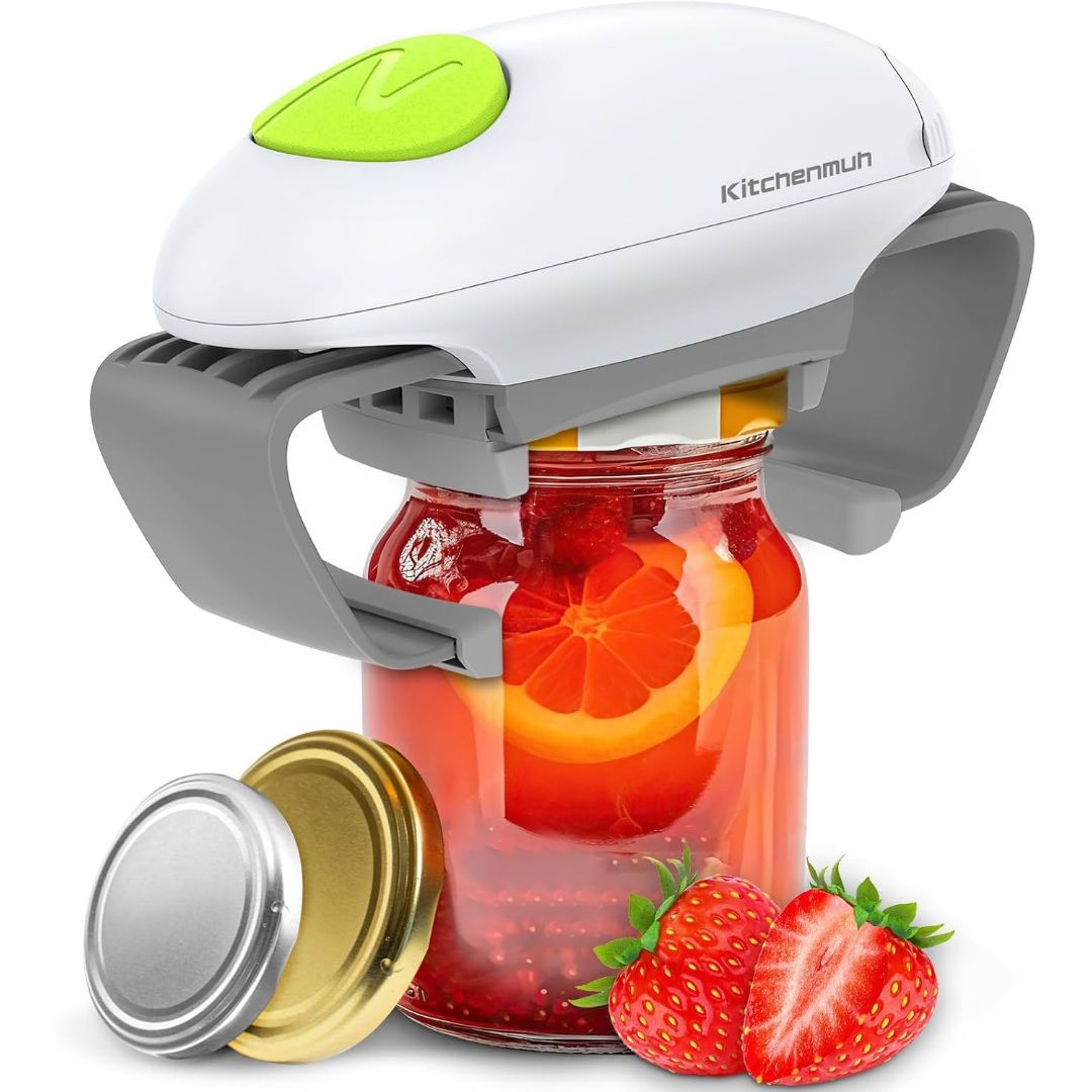 KITCHENMUH electric jar opener gripping a glass jar with white and gray automatic lid-opening arms