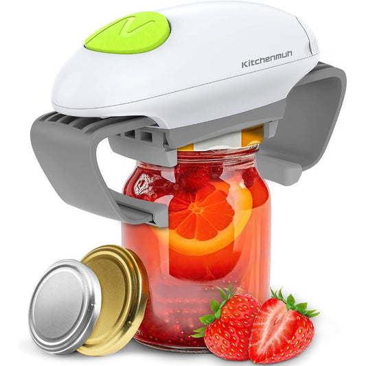 KITCHENMUH electric jar opener gripping a glass jar with white and gray automatic lid-opening arms