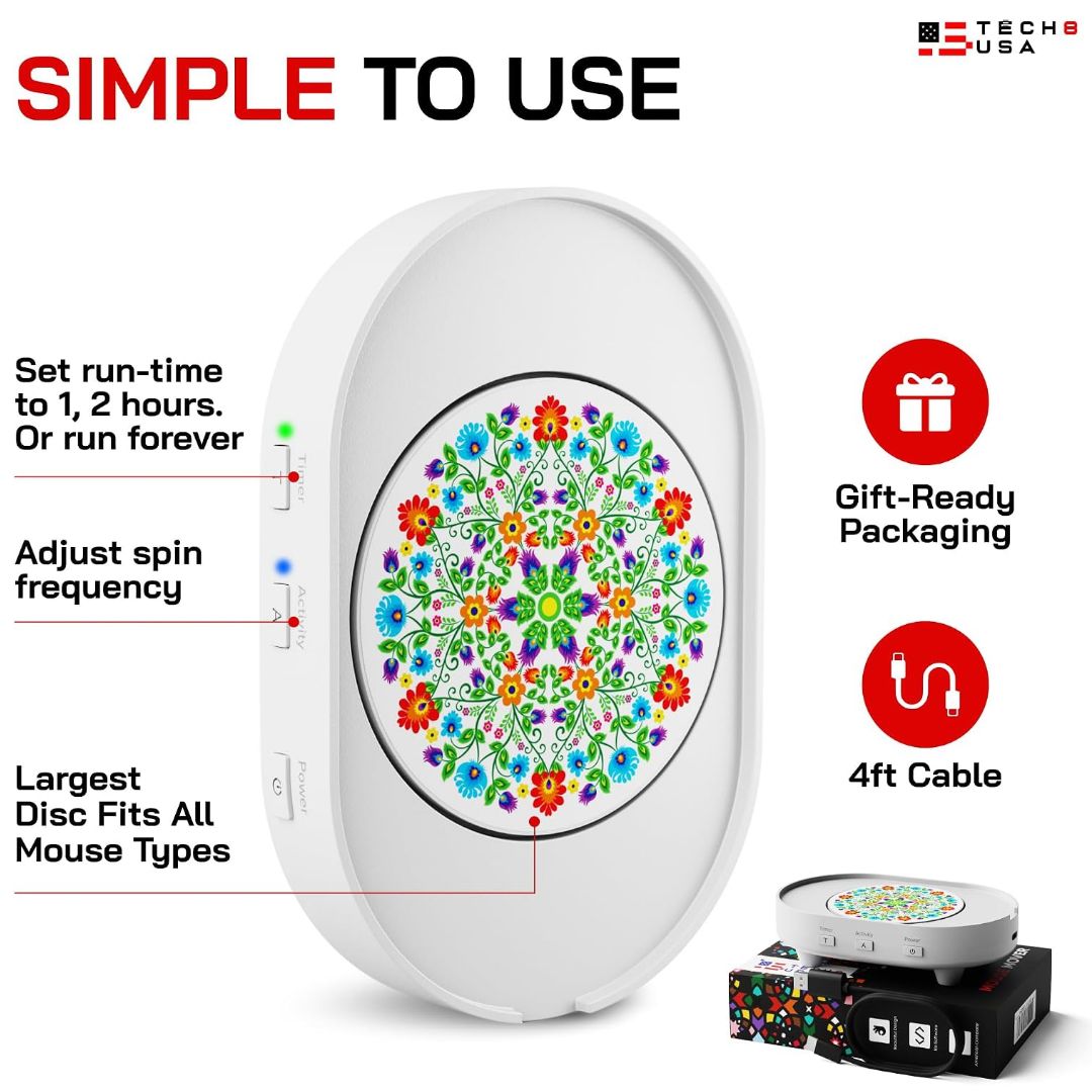 Automatic mouse jiggler with adjustable activity settings, timer controls, four-foot cable and rotating mouse disc