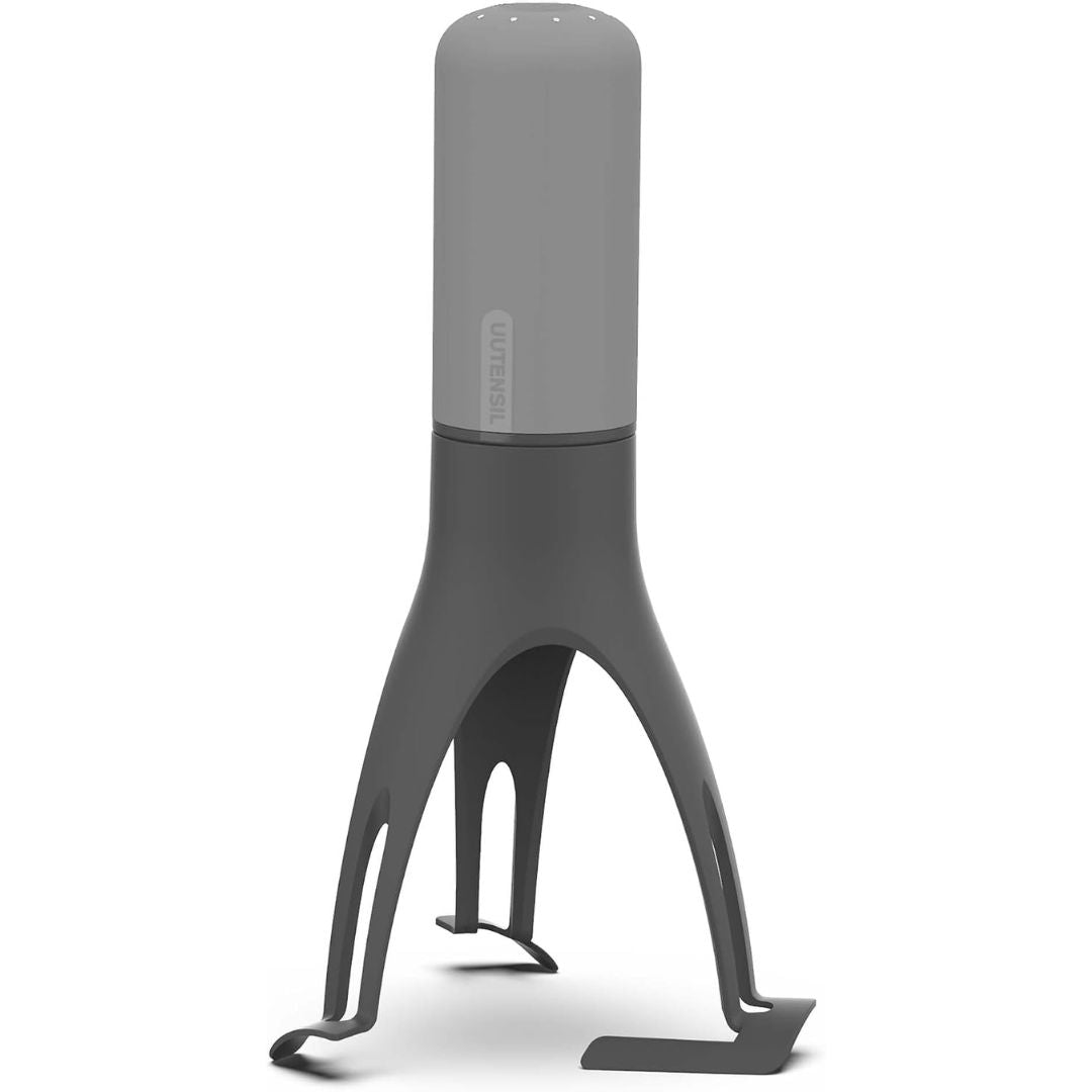 A grey colored automatic pot stirrer on a white background
