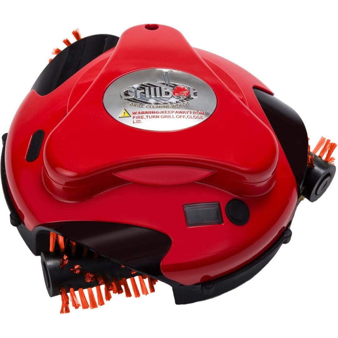 Red Grillbot electric grill cleaning robot with rotating orange brushes for automatically scrubbing barbecue grates