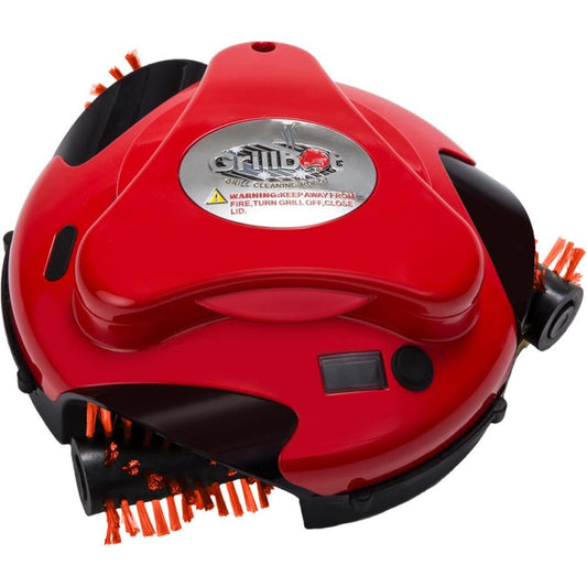 Red Grillbot electric grill cleaning robot with rotating orange brushes for automatically scrubbing barbecue grates