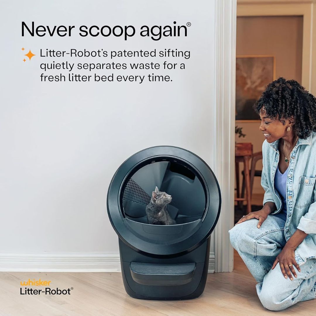 Litter-Robot with a cat inside, woman observing, and promotional text about the product.