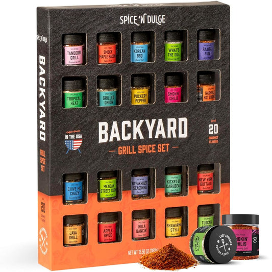 Spice N' Dulge Backyard Grill Spice Set in a black and orange retail box, with several spice jars displayed in front on a white background.