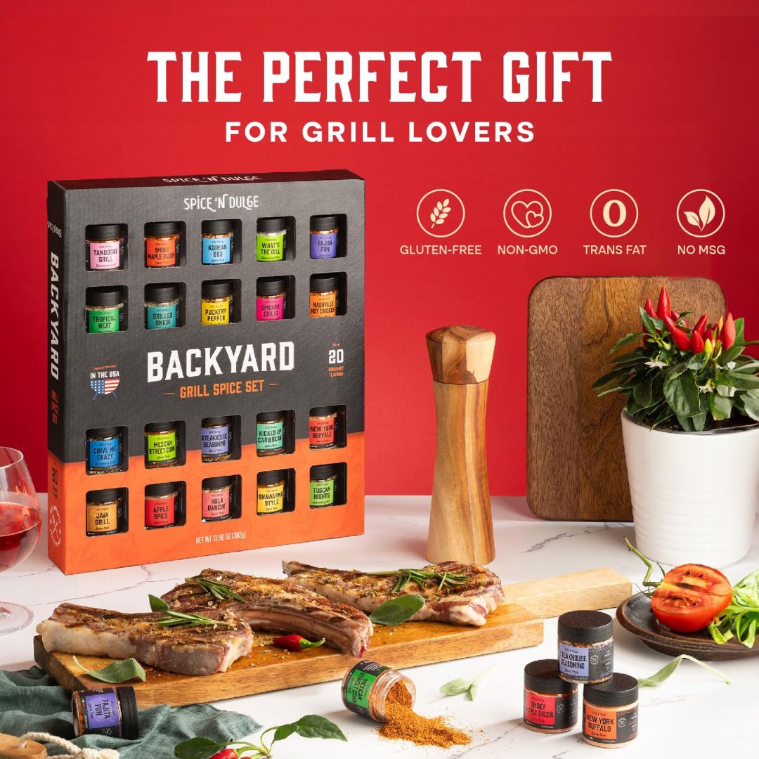 Backyard grill spice set packaging with spices on a table against a red background