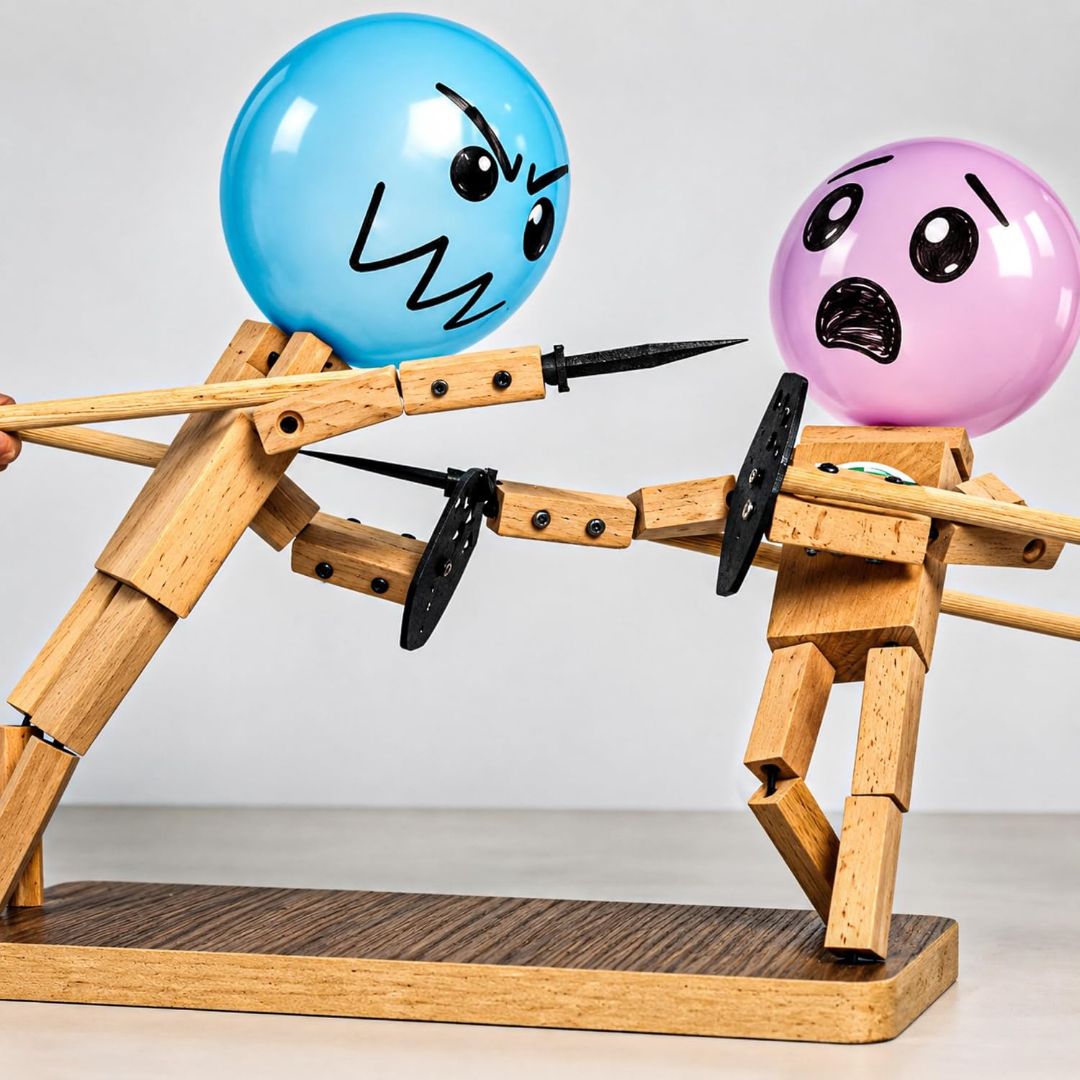 Wooden fencing puppet battle game with balloon heads, swords and shields in a dramatic duel