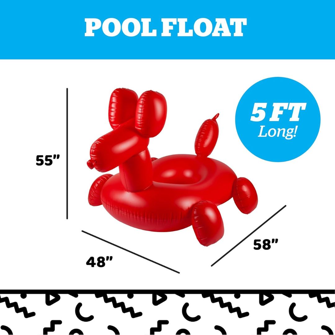 Red inflatable pool float with measurements and a blue circle indicating '5 FT Long' on a white background.
