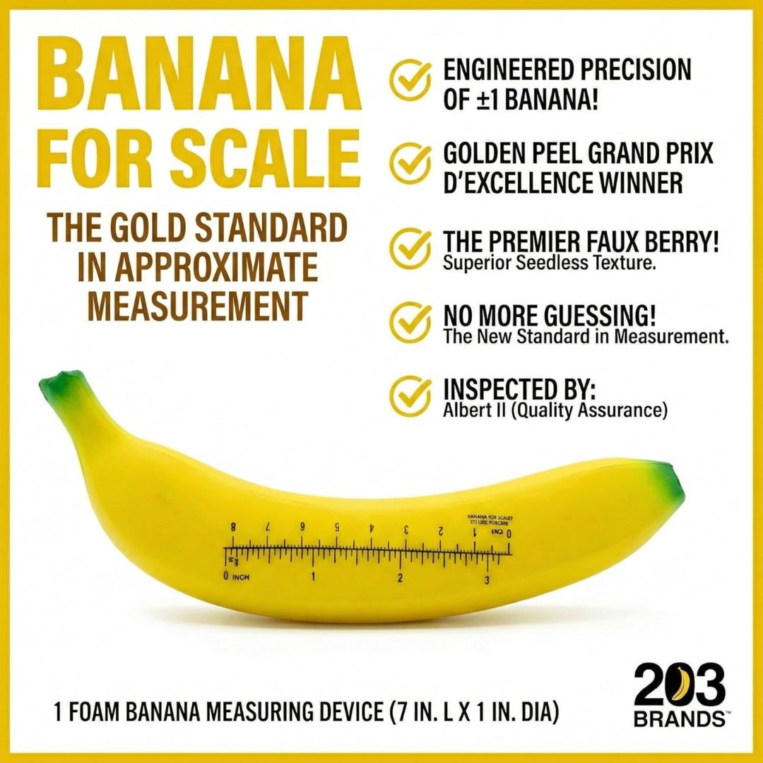 Foam banana measuring device with text about its features on a yellow background