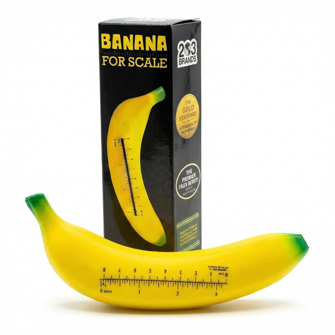 Banana-shaped scale with packaging labeled '233 Brands' on a white background