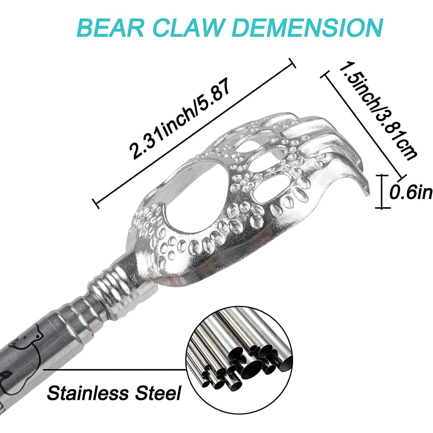 An extendable back scratcher with a bear claw design.