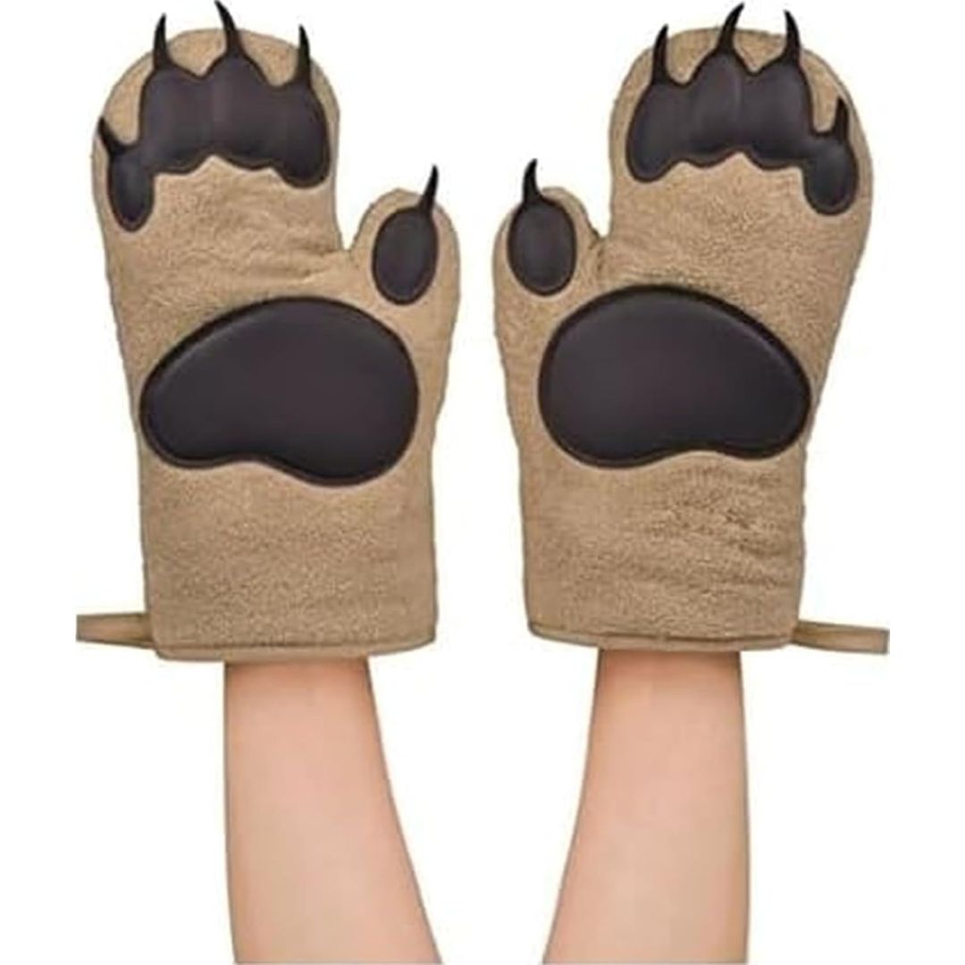 Pair of bear paw oven mitts on a white background