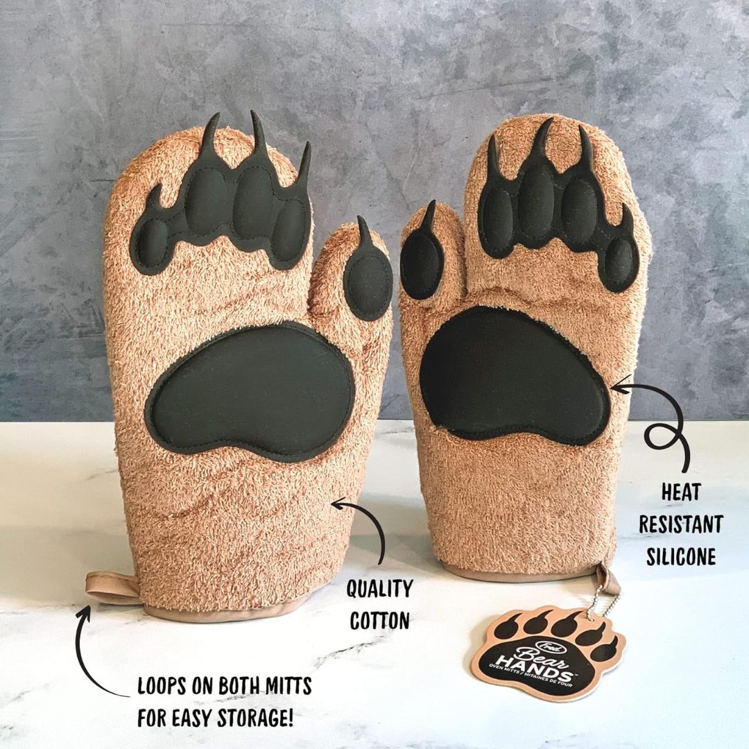 Pair of bear paw-shaped oven mitts with text highlighting features on a gray background.