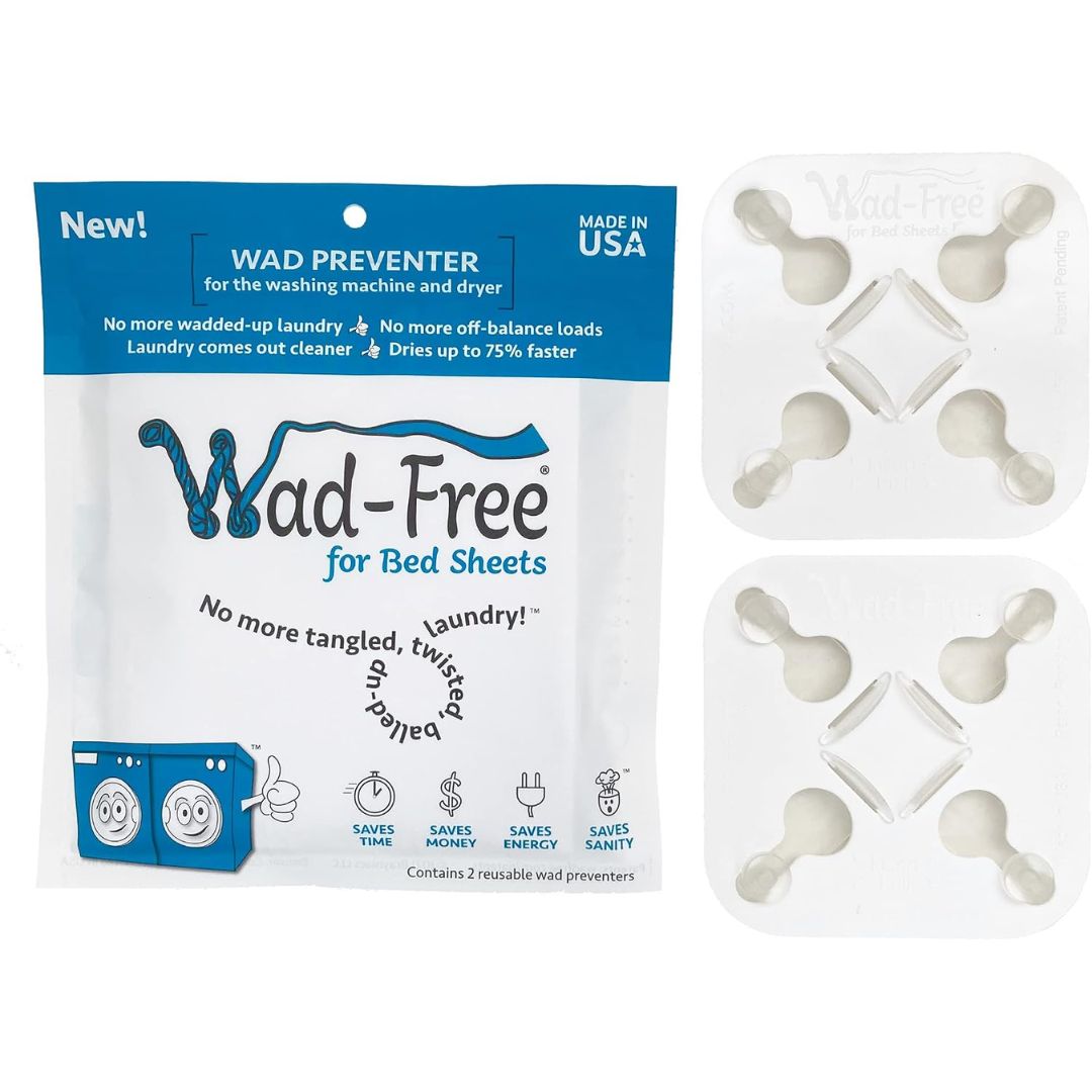 Wad-Free for Bed Sheets dryer ball preventer packaging shown next to two clear plastic wads containing small blue and white round preventer balls, on a white background.