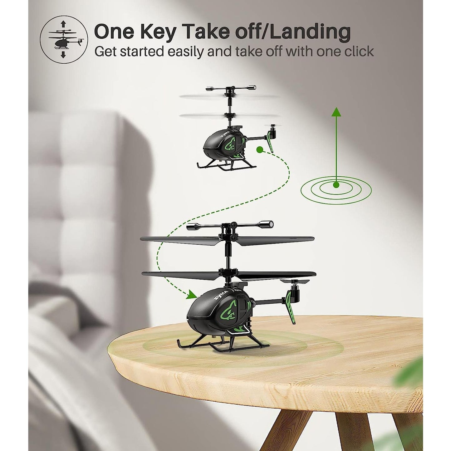 A black mini RC helicopter is shown in a diagram landing on a table. Text reads, 'one key take off and landing.'