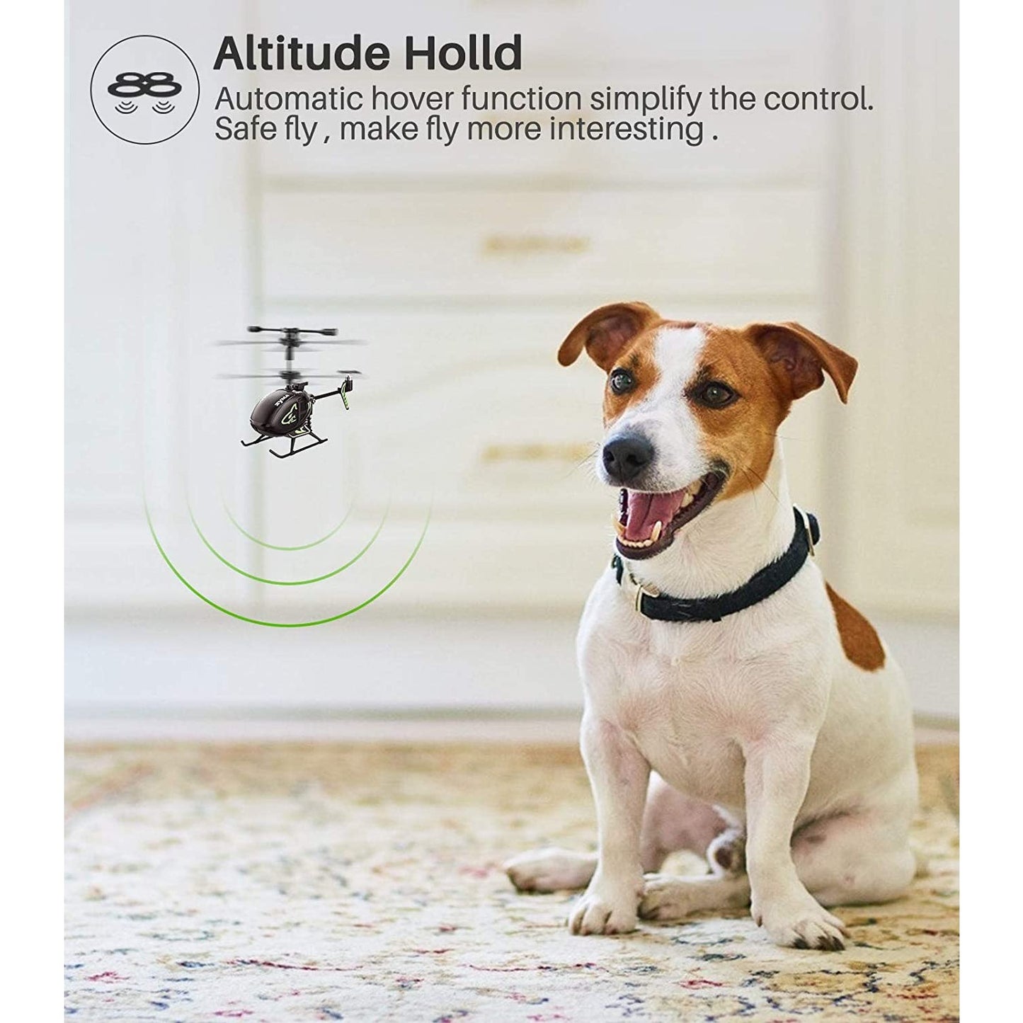 A small dog is looking at a mini RC helicopter. The text reads, 'Altitude hold. Automatic hover function simplify the control.'