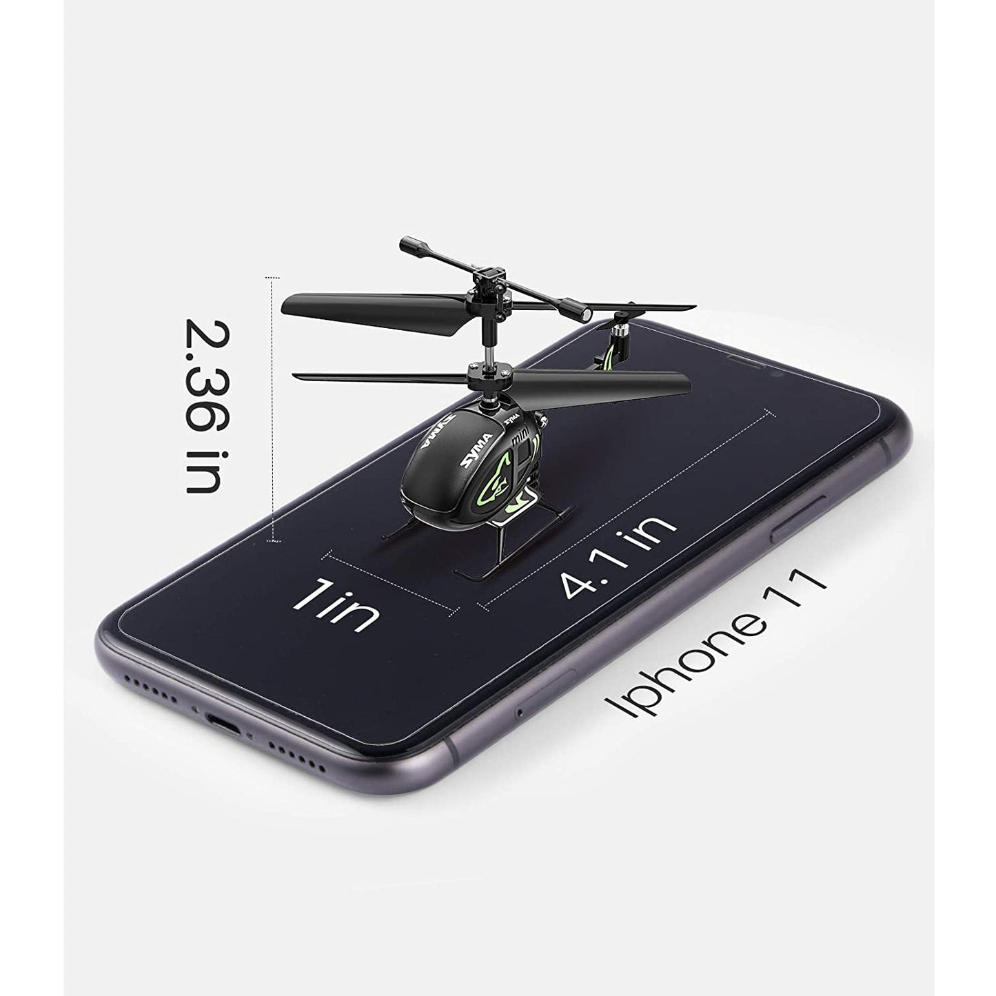 Size dimensions for a mini RC helicopter. Width 4.1 inch x length 1 inch x height 2.36 inch.