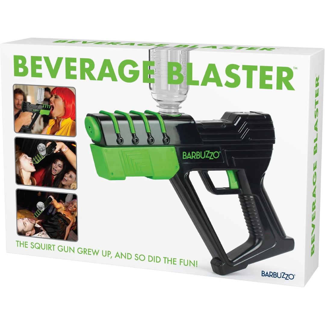 BarBuzzy Beverage Blaster novelty squirt gun shown in its retail box packaging. The packaging is white with green text and features a large graphic of the black and green toy gun with a clear water bottle top.