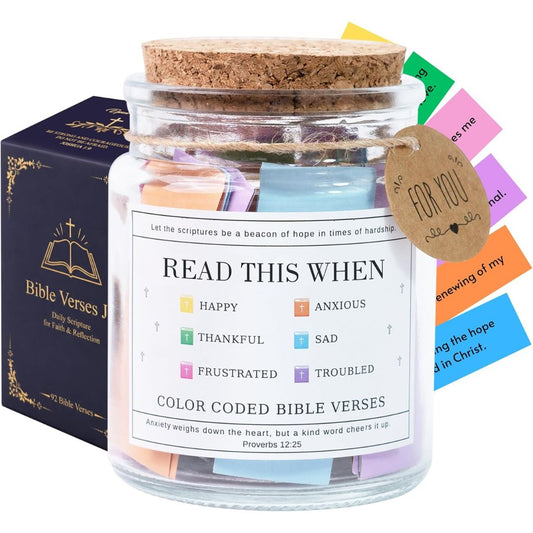 Bible verses encouragement jar with color coded scripture notes, cork lid and matching gift box