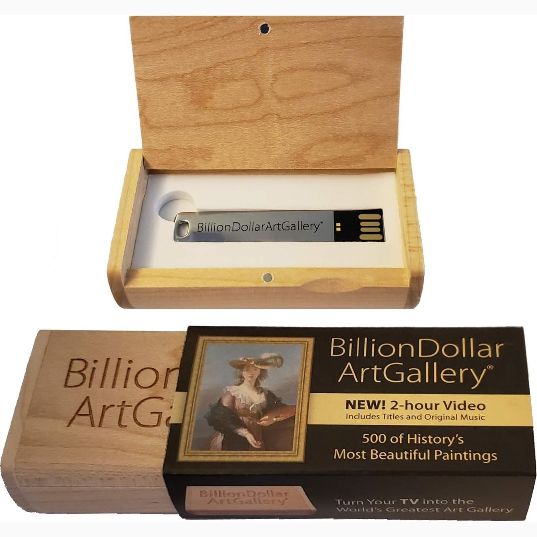Wooden box with Billion Dollar Art Gallery USB drive and packaging on a white background
