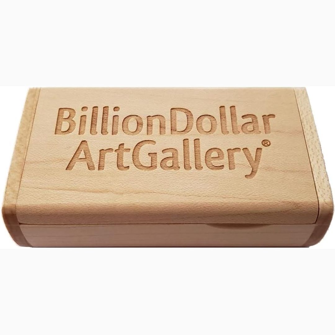 A maple box engraved with 'Billion Dollar Art Gallery'