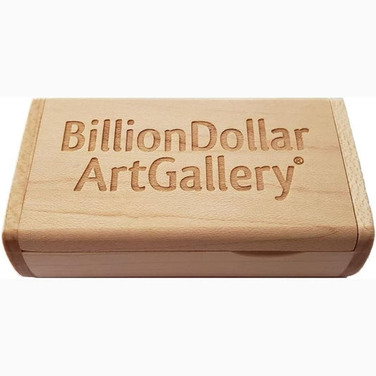 A maple box engraved with 'Billion Dollar Art Gallery'